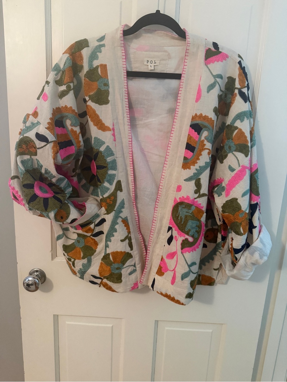 POL White Open-Front Embroidered Jacket with Pink & Olive Accents